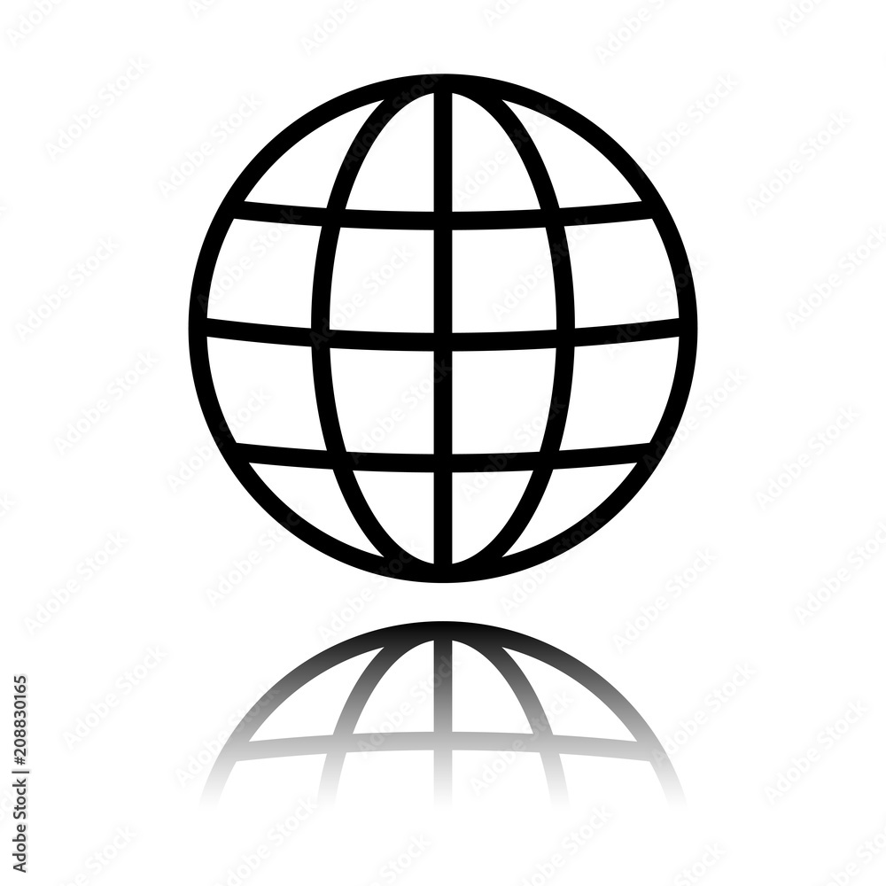 Simple globe icon. Linear, thin outline. Black icon with mirror reflection on white background Simple globe icon. Linear, thin outline. Black icon with mirror reflection on white background