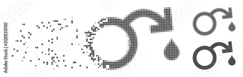 Grey vector venereal disease impotence icon in dispersed, pixelated halftone and undamaged entire versions. Disappearing effect uses rectangular particles.