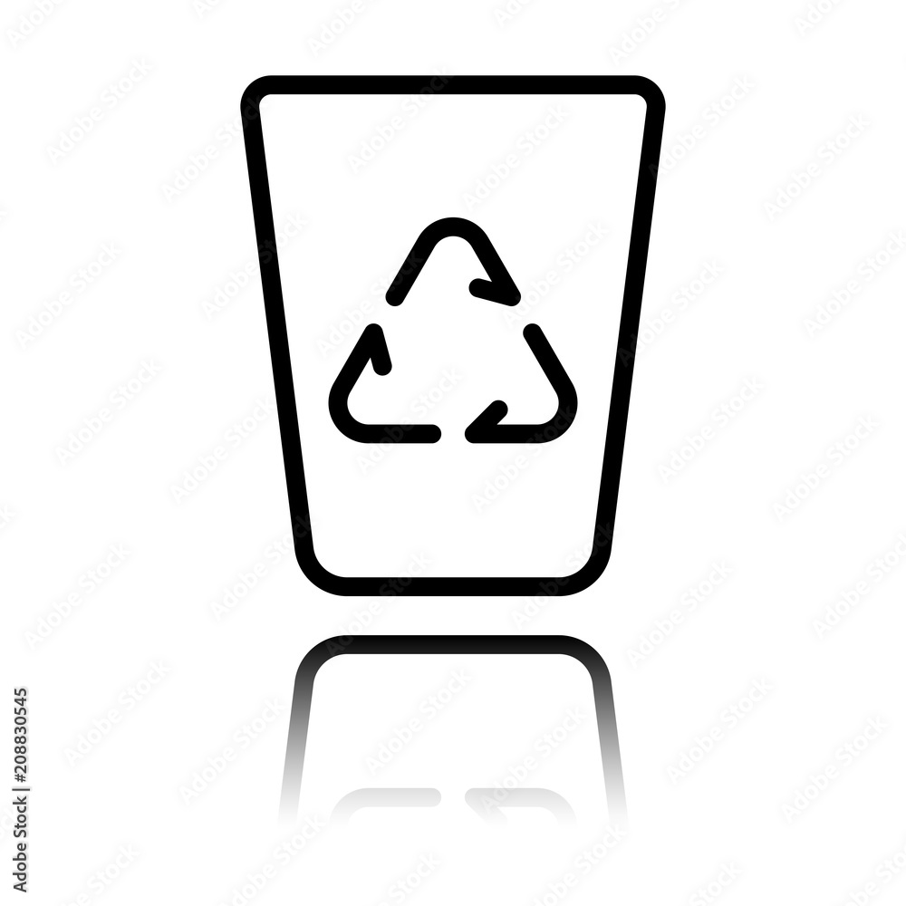 Recucle bin, reuse symbol on backet. Linear, thin outline. Black icon with mirror reflection on white background Recucle bin, reuse symbol on backet. Linear, thin outline. Black icon with mirror reflection on white background