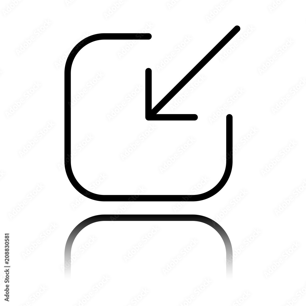 Share, login or download. Diagonal arrow into square. Black icon with mirror reflection on white background Share, login or download. Diagonal arrow into square. Black icon with mirror reflection on white background