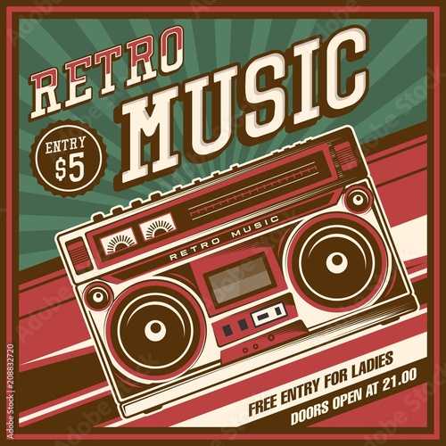 Retro Boombox Music Tape Recorder Radio Old Vintage Signage Poster Vector