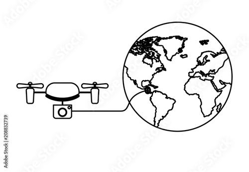world planet with drone flying technology vector illustration design