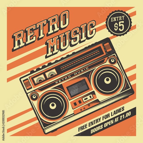 Retro Boombox Music Tape Recorder Radio Old Vintage Signage Poster Vector