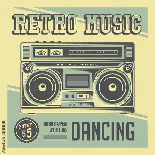 Retro Boombox Music Tape Recorder Radio Old Vintage Signage Poster Vector photo