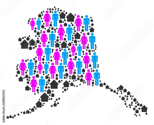 Population Alaska map. Household vector concept of Alaska map combined of randomized people and habitation items in different sizes. Abstract social scheme of national public cartography.