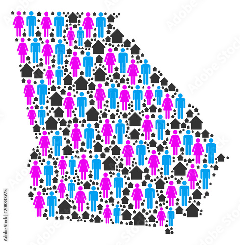 Population American State Georgia map. Household vector pattern of American State Georgia map created of randomized human and home elements in different sizes.