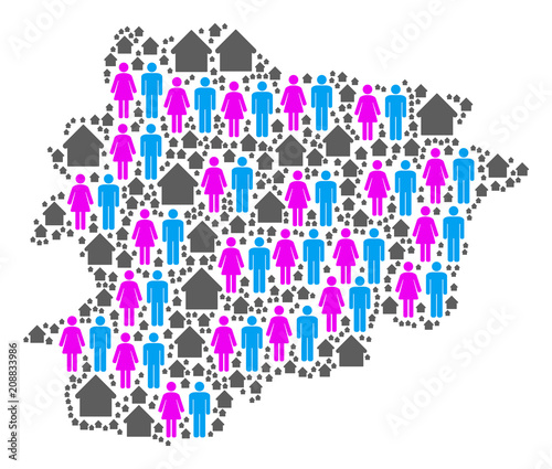 Population Andorra map. Household vector composition of Andorra map formed of random men and woman and building items in variable sizes. Abstract social presentation of national public cartography.