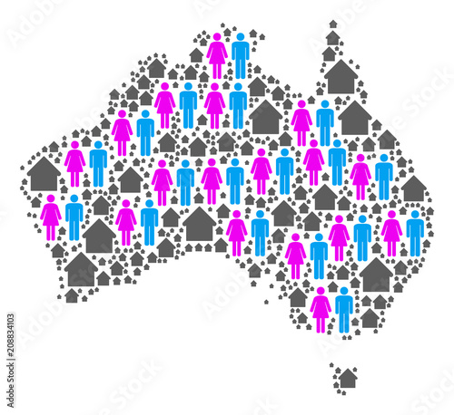 Population Australia map. Household vector composition of Australia map created of randomized gender and real estate items in various sizes.