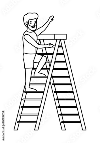 man climbing stepladder with swimsuit character vector illustration design