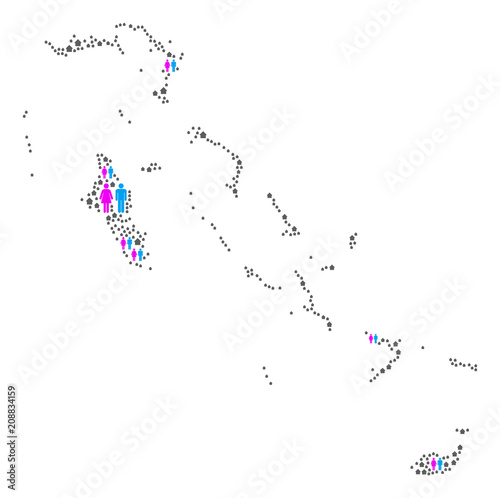 Population Bahamas Islands map. Household vector composition of Bahamas Islands map formed of scattered man and woman and property items in various sizes.