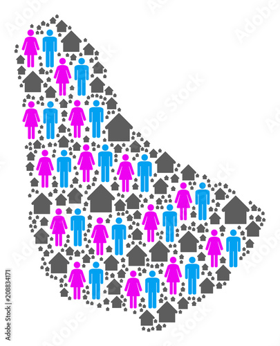 Population Barbados map. Household vector mosaic of Barbados map formed of random people and home elements in variable sizes. Abstract social visualization of national audience cartography.
