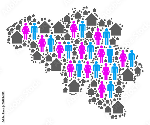 Population Belgium map. Household vector abstraction of Belgium map constructed of randomized men and woman and house items in different sizes.