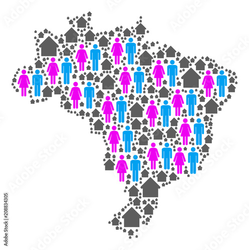 Population Brazil map. Household vector abstraction of Brazil map made of randomized human and home items in various sizes. Abstract social visualization of nation household cartography.