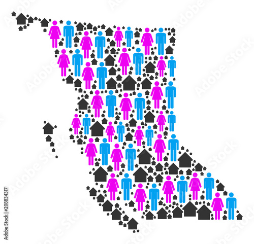 Population British Columbia Province map. Household vector composition of British Columbia Province map designed of randomized gender and property items in various sizes.
