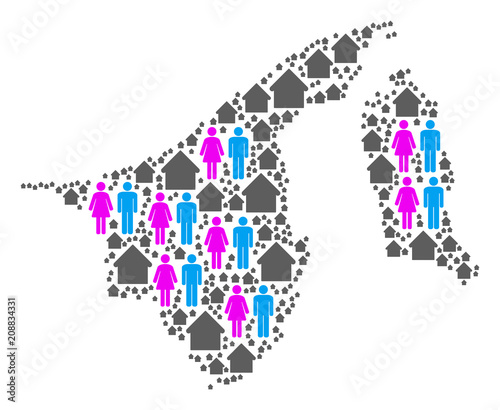 Population Brunei map. Household vector concept of Brunei map done of scattered human and real estate items in various sizes. Abstract social scheme of nation audience cartography.