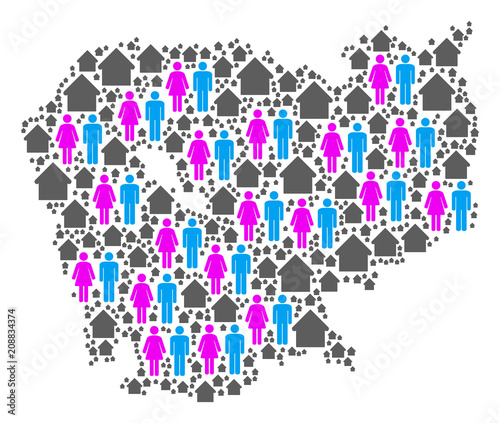 Population Cambodia map. Household vector mosaic of Cambodia map designed of randomized male and female and habitation elements in variable sizes.