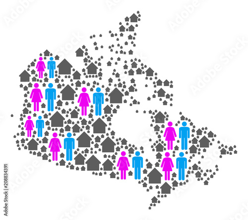 Population Canada map. Household vector collage of Canada map designed of randomized men and woman and residence items in different sizes. Abstract social scheme of nation public cartography.