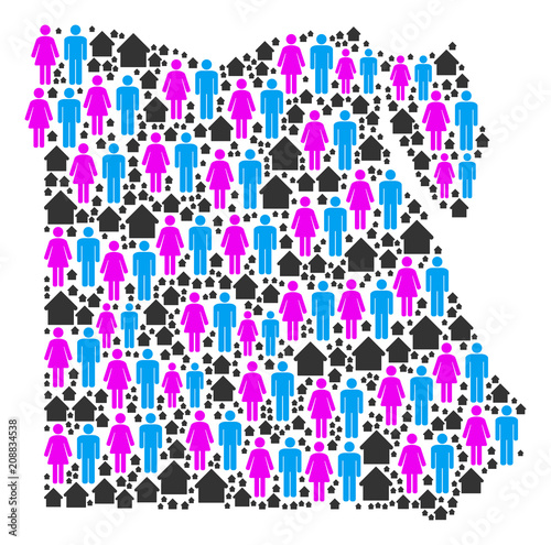 Population Egypt map. Household vector pattern of Egypt map created of randomized men and woman and residence items in variable sizes. Abstract social plan of nation group cartography.