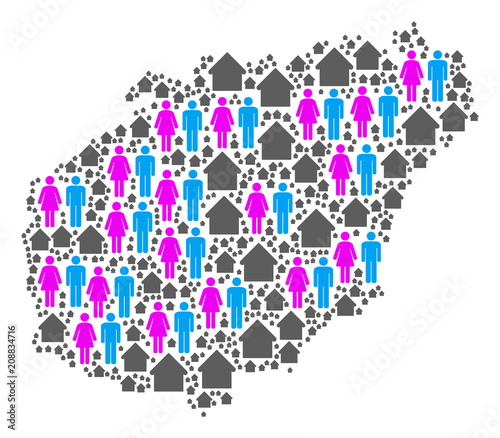 Population Hainan Island map. Household vector composition of Hainan Island map made of scattered man and woman and home elements in different sizes.
