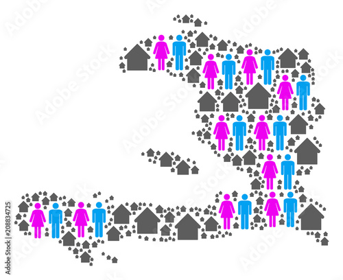 Population Haiti map. Household vector composition of Haiti map created of randomized men and woman and real estate elements in various sizes. Abstract social scheme of nation group cartography.