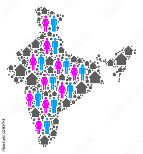 Population India map. Household vector mosaic of India map formed of randomized person and realty items in different sizes. Abstract social scheme of national mass cartography.