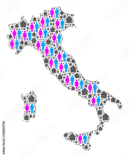 Population Italy map. Household vector pattern of Italy map organized of random male and female and house items in different sizes. Abstract social representation of national group cartography.