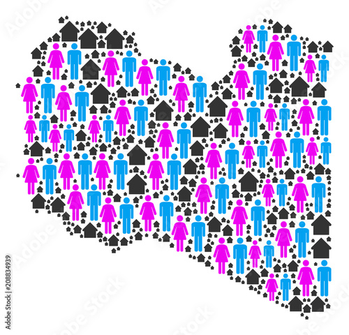 Population Libya map. Household vector abstraction of Libya map constructed of scattered men and woman and residence elements in various sizes. Abstract social plan of nation group cartography.