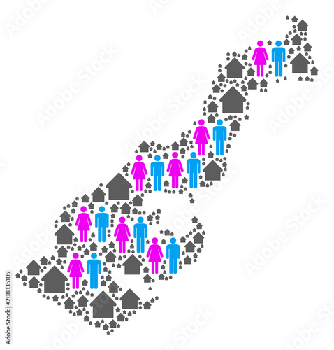 Population Monaco map. Household vector composition of Monaco map created of randomized lady and gentleman and house items in different sizes.
