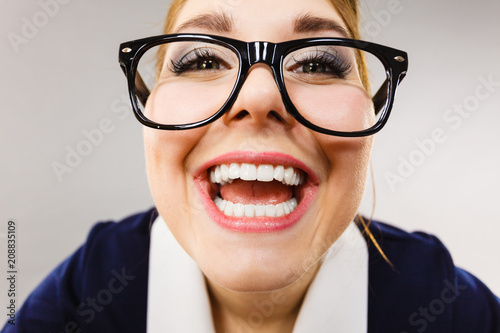 Close up of happy crazy business woman
