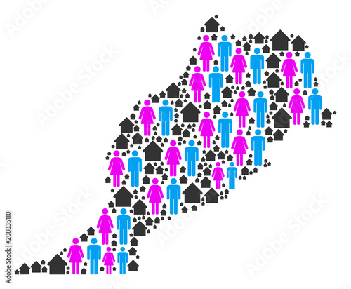 Population Morocco map. Household vector pattern of Morocco map designed of randomized people couple and building items in different sizes. Abstract social plan of national household cartography.