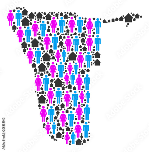 Population Namibia map. Household vector pattern of Namibia map composed of randomized crowd and home items in variable sizes. Abstract social visualization of national audience cartography.