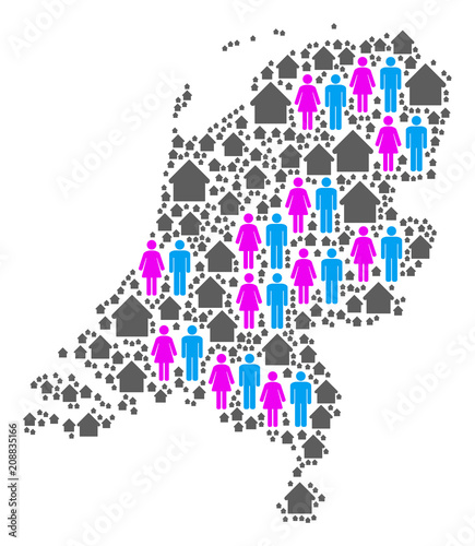 Population Netherlands map. Household vector concept of Netherlands map created of random men and woman and real estate items in various sizes.