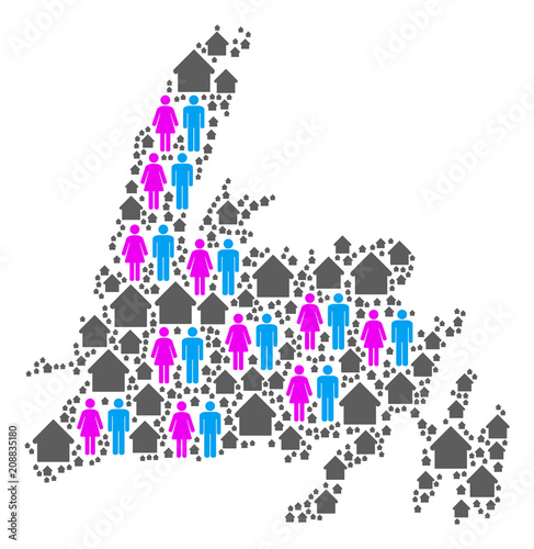 Population Newfoundland Island map. Household vector composition of Newfoundland Island map organized of scattered crowd and building elements in different sizes.