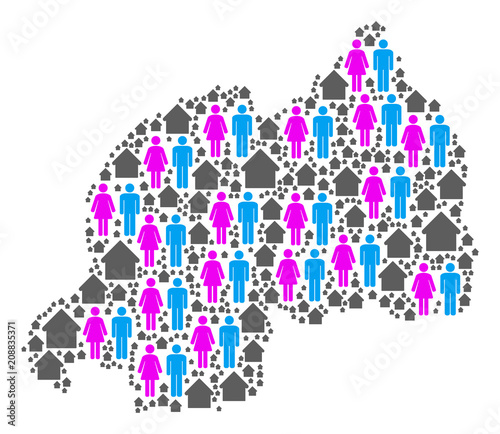 Population Rwanda map. Household vector composition of Rwanda map combined of randomized person and building items in various sizes. Abstract social representation of national public cartography.