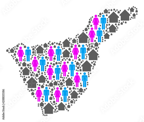 Population Tenerife Spain Island map. Household vector abstraction of Tenerife Spain Island map created of random lady and gentleman and residence elements in various sizes.
