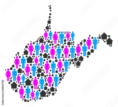 Population West Virginia State map. Household vector pattern of West Virginia State map done of scattered men and woman and property elements in different sizes.