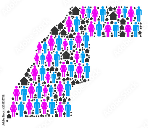 Population Western Sahara map. Household vector abstraction of Western Sahara map done of scattered people couple and building elements in different sizes.