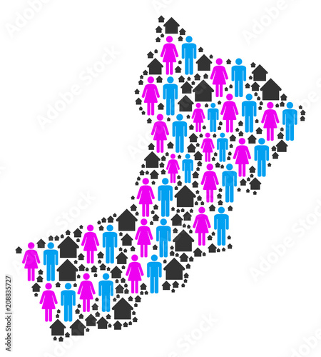 Population Yemen map. Household vector mosaic of Yemen map constructed of scattered lady and gentleman and home items in various sizes. Abstract social plan of national household cartography.