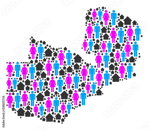 Population Zambia map. Household vector pattern of Zambia map designed of randomized male and female and real estate elements in various sizes.