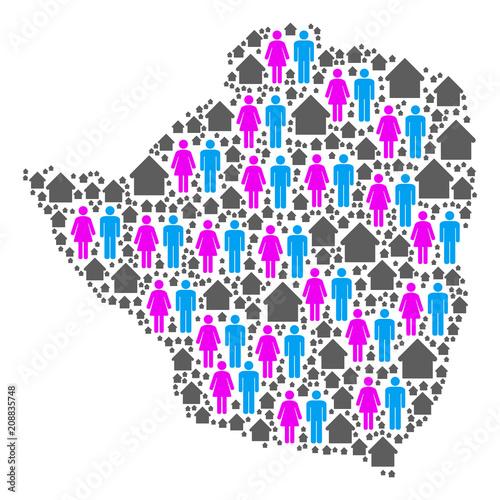 Population Zimbabwe map. Household vector pattern of Zimbabwe map composed of scattered human and residence items in various sizes. Abstract social presentation of national community cartography.