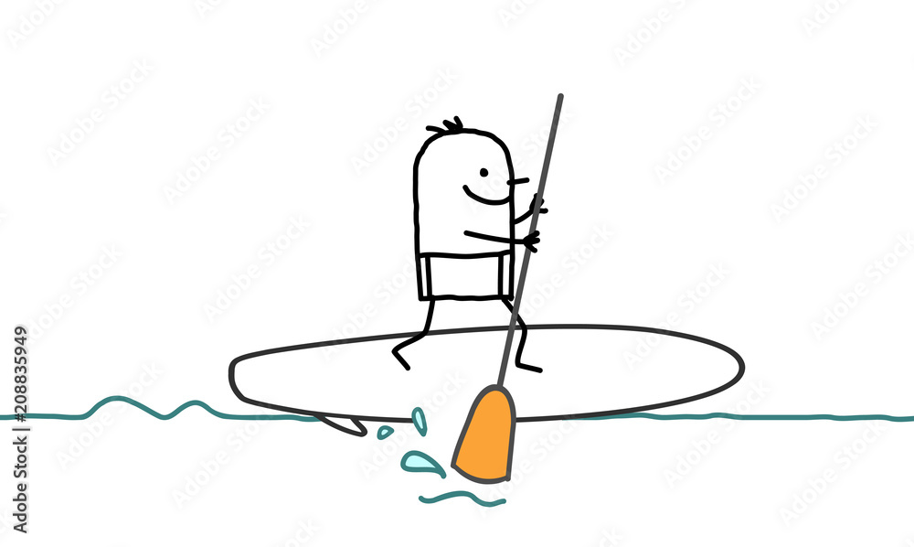 Obraz premium Cartoon Man and Paddle on the Sea