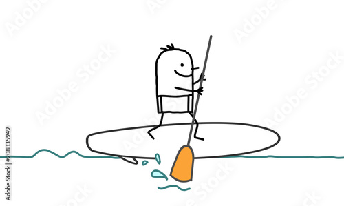 Cartoon Man and Paddle on the Sea