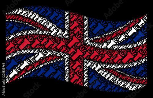 Waving British official flag on a black background. Vector electric torch light pictograms are organized into mosaic British flag composition.