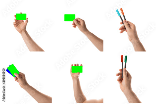 Male hand holds a two credit card or business card. Isolated with chroma key and all isolated on white background.Male hand holds a two markers or a felt pen. Collage of set photos.