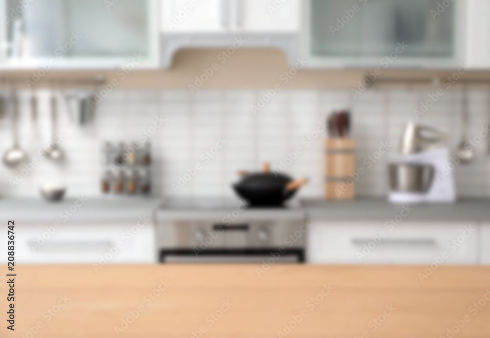 Countertop and blurred view of kitchen interior on background