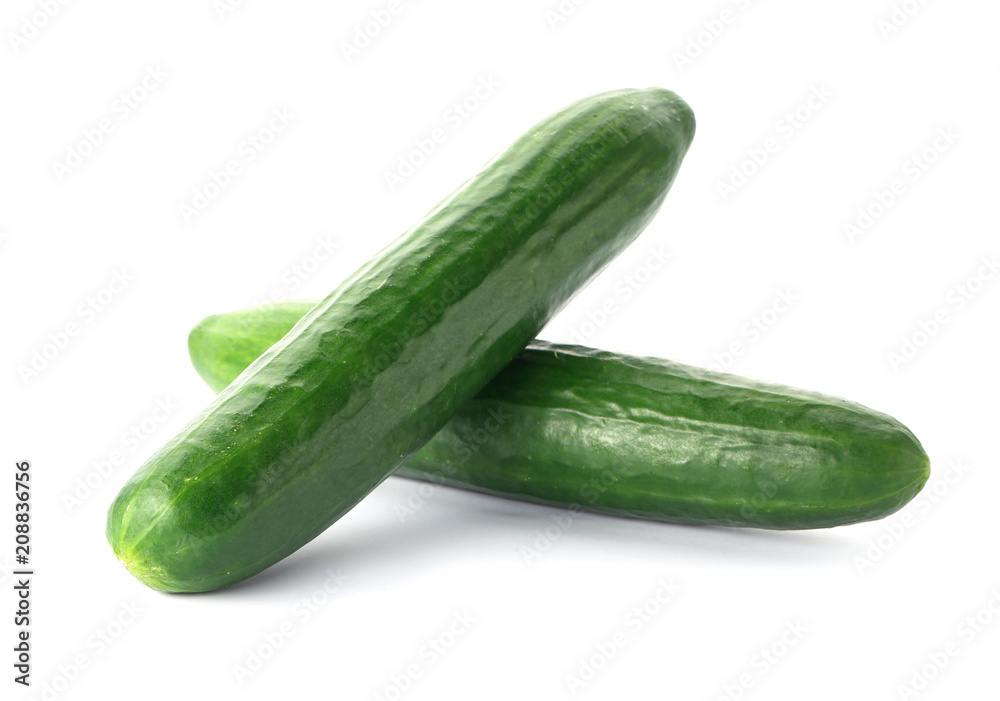 Fresh green cucumbers on white background