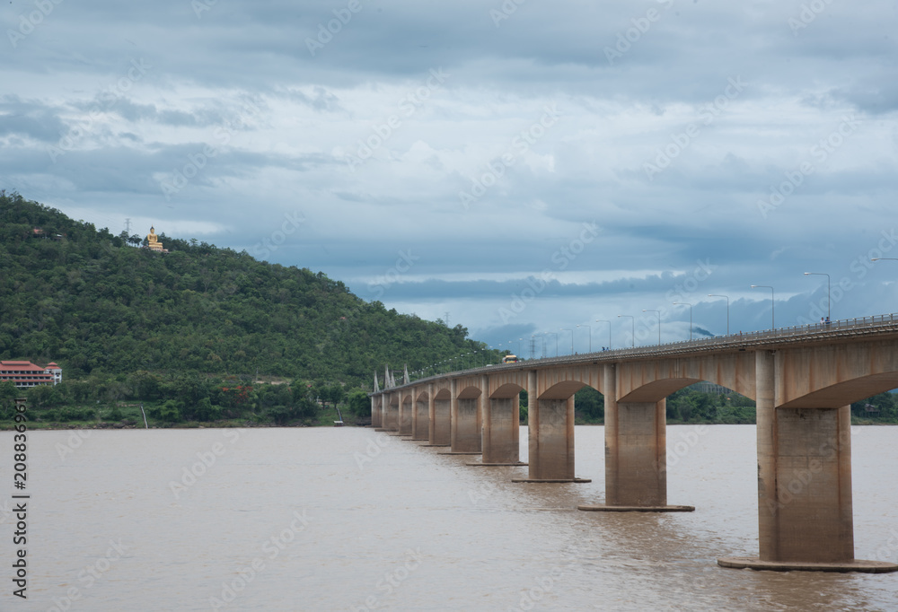 andscape bridge cross of khong river with sunlight at Pakse Champasak Laos