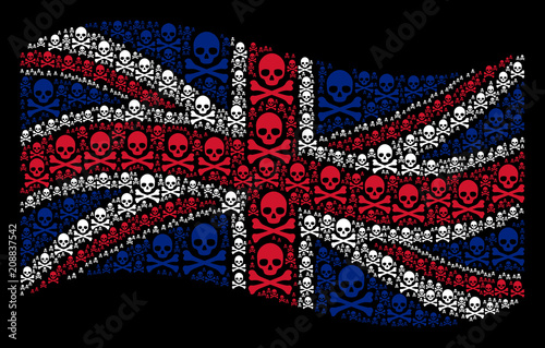 Waving Great Britain flag on a black background. Vector death skull design elements are combined into geometric British flag abstraction. Patriotic concept combined of death skull icons.