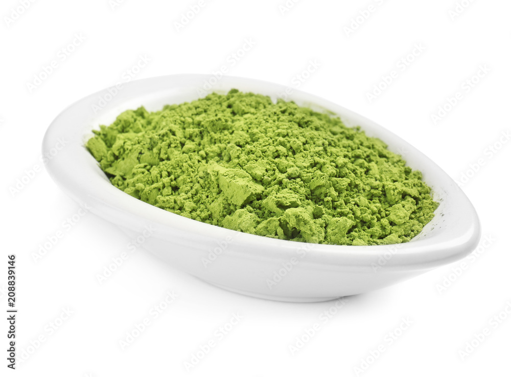 Bowl with powdered matcha tea on white background Bowl with powdered matcha tea on white background