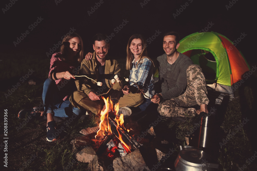 Friends frying marshmallows on bonfire at night. Camping season